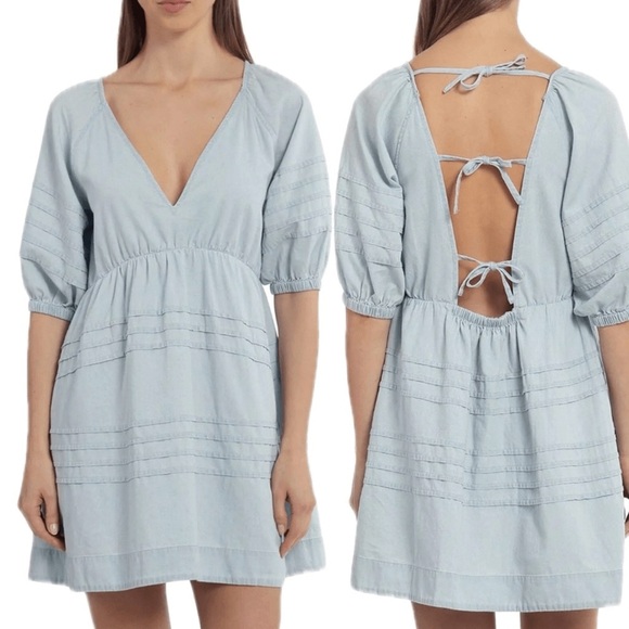 7 for All Mankind Blue Boho Babydoll Puff Sleeve Open Back Bow Mini Dress Sz S - Picture 1 of 13